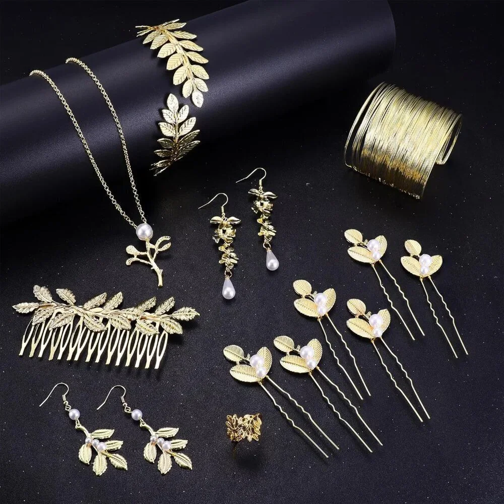 Greek Goddess Accessories Set Gold Laurel Leaf Headband Earrings Necklace